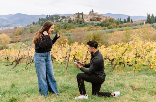 Intimate wedding proposal in a Tuscan vineyard in autumn