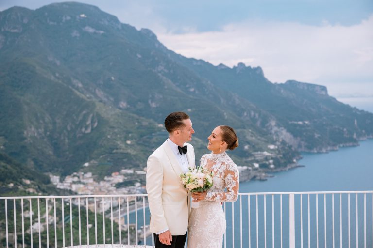 wedding couple looking into each other eyes overlooking the amalfi coast from villa eva ravello terrace